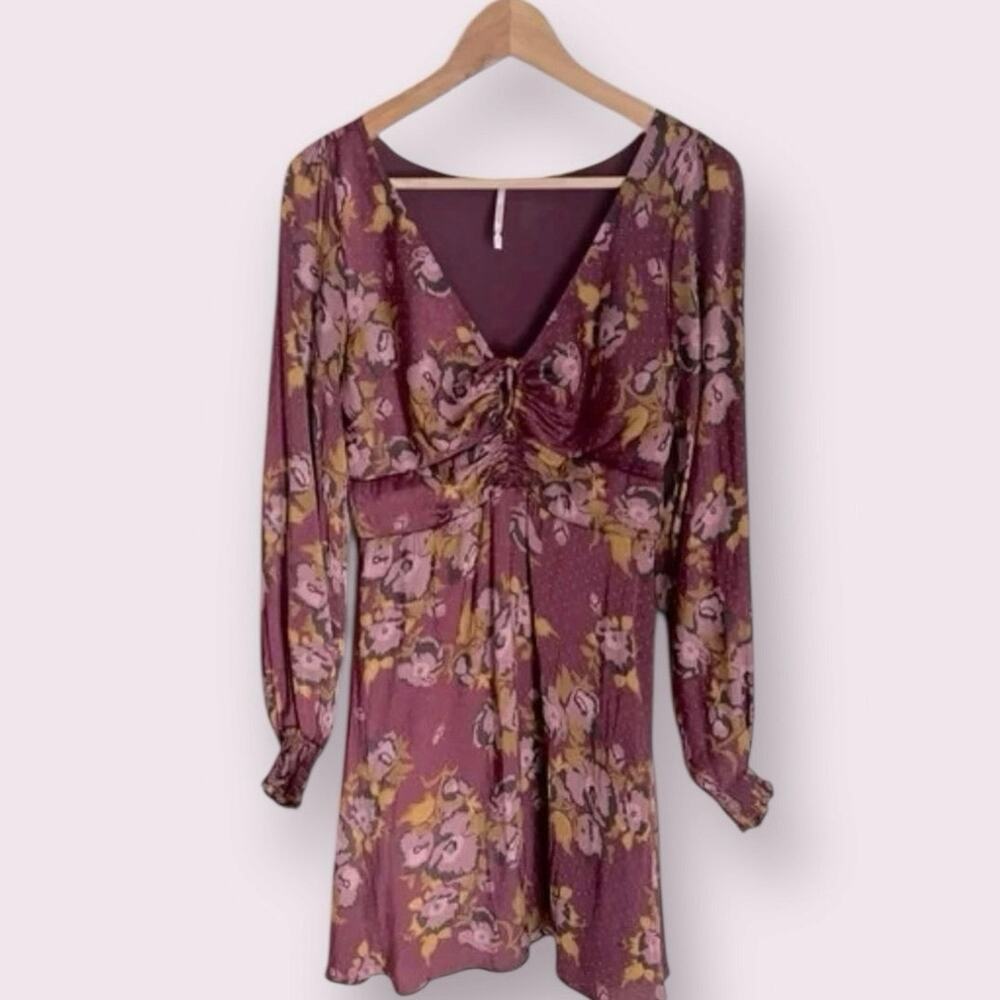 Free People Morning Light Floral Mini Dress Wine Purple Long Sleeve Womens M 6 - Picture 12 of 13